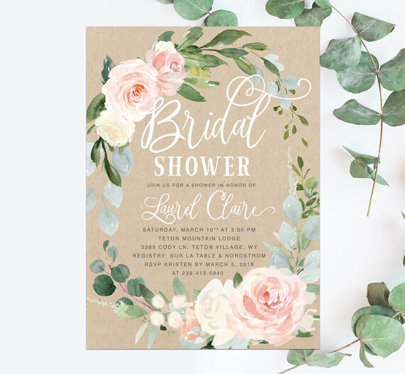 Floral Bridal Shower Invite: Bridal Shower Invitation, Kraft, Eucalyptus, Blush Pink Roses, Grey & Greenery - Printed or Digital - Laurel