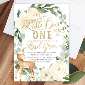 Deer Baby Birthday Invitation Girl, Little Deer Birthday Invite, Girl Deer Birthday Invite, Girl Woodland Birthday Invite - White Deer