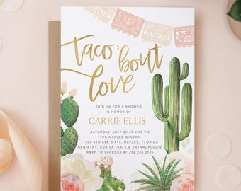 Printed Shower Invitations | Taco 'Bout Love, Fiesta Bridal Shower Invitation, Cactus Bridal Invite with Envelopes - Carrie