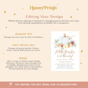 May include: A baby shower invitation with a white pumpkin and floral design. The text reads "A little Pumpkin is on the way!" and includes the party details: "Join us for a baby shower in honor of ANNA WHITE Saturday, November 3, 2023 at 2:00 pm 1945 Poppy Lane, Dallas, Texas Registry: Baby List & Amazon RSVP Jen by Oct. 2 at 239.404.1355"