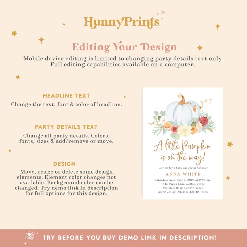 May include: A baby shower invitation with a white pumpkin and floral design. The text reads "A little Pumpkin is on the way!" and includes the party details: "Join us for a baby shower in honor of ANNA WHITE Saturday, November 3, 2023 at 2:00 pm 1945 Poppy Lane, Dallas, Texas Registry: Baby List & Amazon RSVP Jen by Oct. 2 at 239.404.1355"