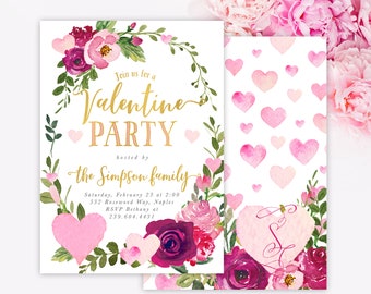 Valentine's Day Party Invitation - Heart Invitation - Valentine's Party Invite, Pink Hearts & Flowers - Printed or Digital - Vivian