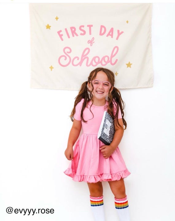First Day School Banner - Easy to Hang for First Day of School Photos or Party Backdrops - Natural and Pink