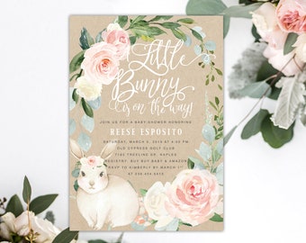 Bunny Baby Shower Invitation Girl, A Little Bunny is On the Way Invite, Girl Baby Shower Invite, Floral Baby Shower Invitation -Kraft Reese