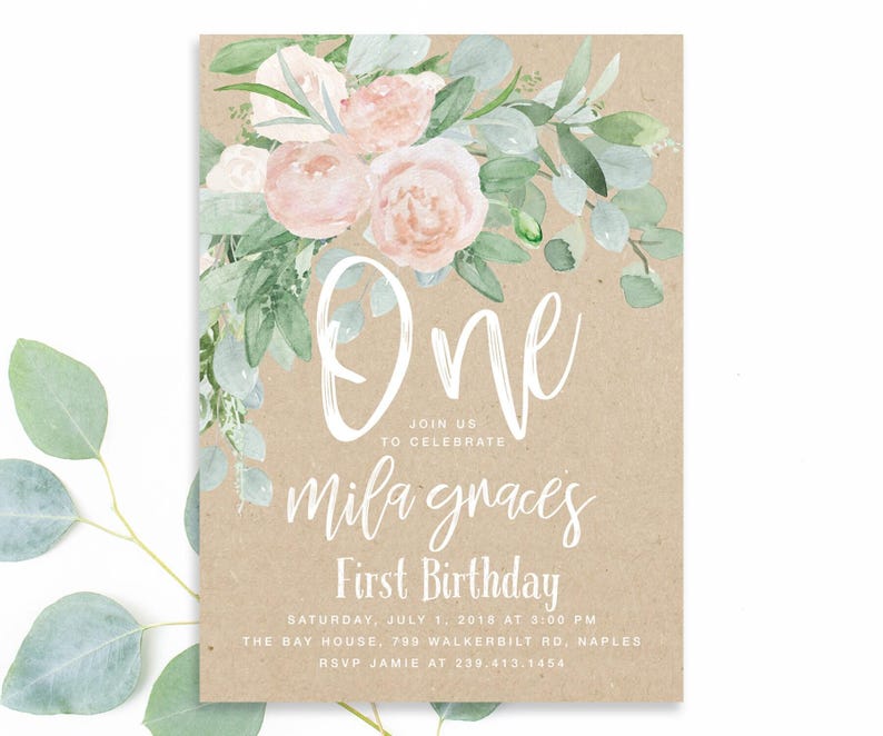 Girl First Birthday Invitation: Girl's Birthday Invite, Turning One, 1st Birthday, Floral, Blush Roses, Greenery, Kraft, Rustic, Boho - Mila Bild 3