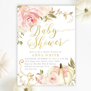 Girl Fall Baby Shower Invitations | Pumpkin Baby Shower Printed Invites with Envelopes - Fall 11 | Invitation Printing or Digital image 1