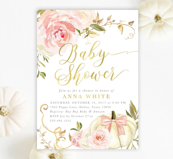 Girl Fall Baby Shower Invitations | Pumpkin Baby Shower Printed Invites with Envelopes - Fall 11 | Invitation Printing or Digital