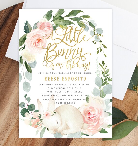 bunny baby shower invitation girl a little bunny is on the way invite girl baby shower invite spring baby shower invite gold reese bunny baby shower invitations