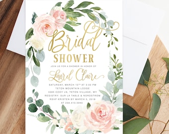 Pink & Gold Bridal Shower Invite: Floral Bridal Shower Invitation, Eucalyptus, Blush Pink Florals and Greenery - Printed or Digital - Laurel