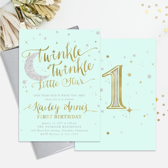 Twinkle Twinkle Little Star Birthday Invitation: 1st, 2nd Any Age! Boy Or Girl. Mint Green, Gold & Silver Shimmer - First Party Invite Il_570xn