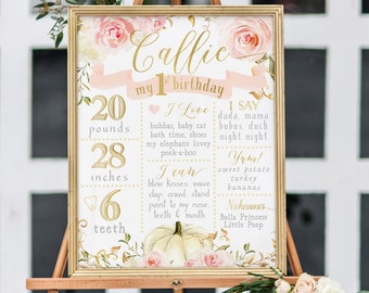 May include: A pink and gold first birthday sign with a floral design. The sign includes the name Callie, the age 1, and details about the child's growth, including weight, height, and number of teeth. The sign also includes a list of things the child loves, can do, and says.