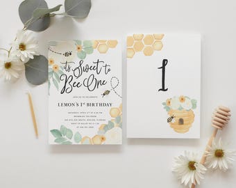 Bee 1st Birthday Invitations, Sweet to Bee One Birthday Party Printed Invites & Envelopes - Honeybee | Invitation Printing or Digital