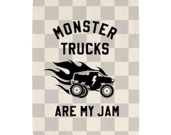 Monster Trucks are My Jam© Easy Hang Banner™ for Boy's Rooms and Playrooms. Boy's Wall Decor - @jassn2 Collab {Light Grey & Natural Check}