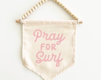 Pray For Surf Canvas Hang Sign: Surf Decor for Girl's Rooms, Surf Nursery, Surf Playroom, Beach House Decor, Coastal Decor {Palm Pink}