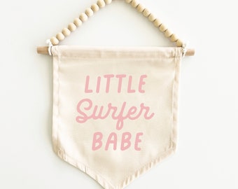 Little Surfer Babe Canvas Hang Sign: Surf Decor for Kid's Rooms, Surf Nursery, Surf Playroom, Beach House Decor, Coastal Decor {Palm Pink}