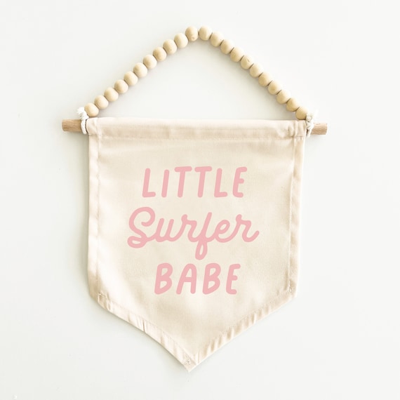 Little Surfer Babe Canvas Hang Sign: Surf Decor for Kid's Rooms, Surf Nursery, Surf Playroom, Beach House Decor, Coastal Decor {Palm Pink}