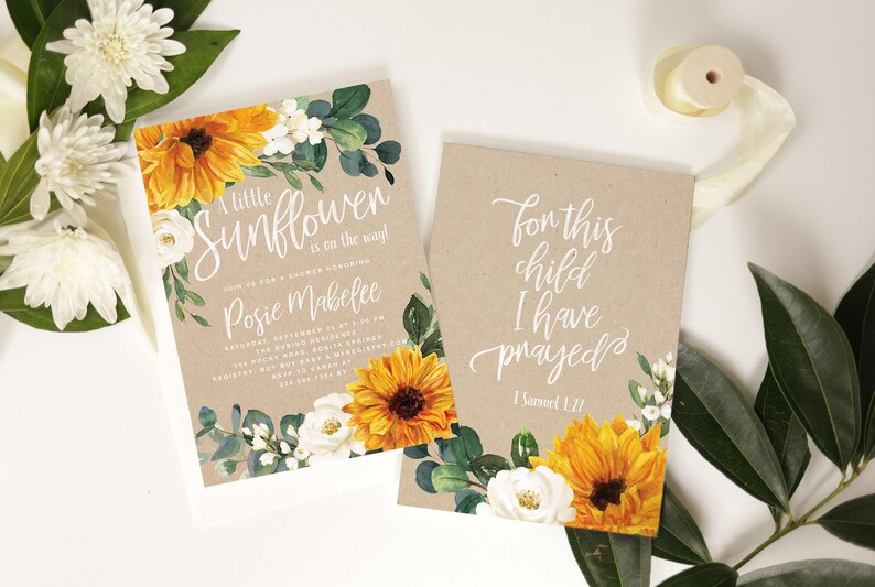 Printed Sunflower Baby Shower Invitation, Fall Baby Shower Invitation, Sunflower Invitation, Girl Baby Shower - Designed for you - Posie image 2