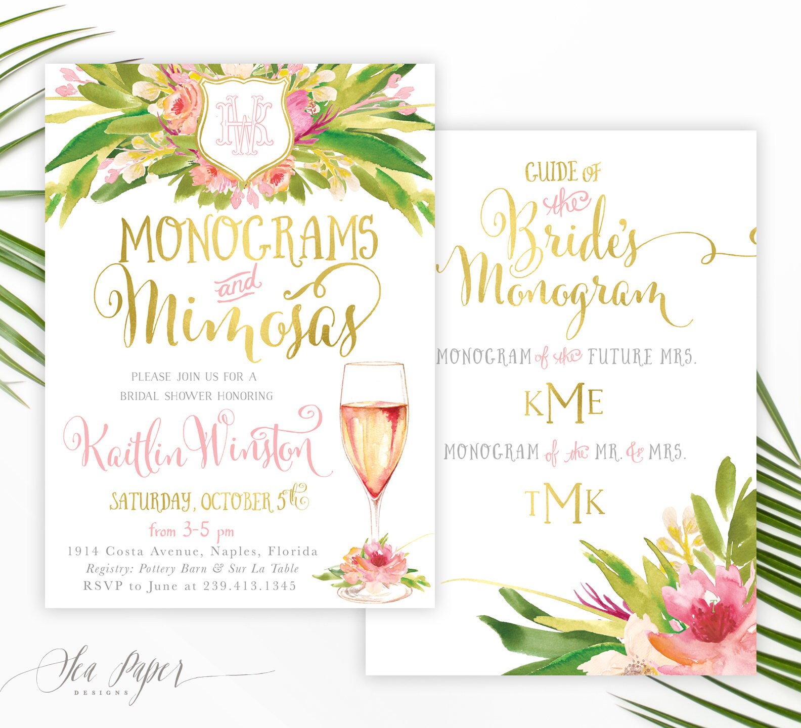 Monograms \u0026 Mimosas Bridal Shower Invitation: Mimosas and Monograms Bridal  Shower Invite, Tropical Floral, Digital or Printed - Kaitlin - Etsy, image size:1584x1440