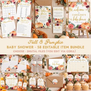 May include: A collection of baby shower stationery featuring floral and pumpkin graphics with gold text. Items include invitations, game cards, signs, labels, and tags. The text includes phrases like Welcome to Caroline's Baby Shower and Fall & Pumpkin.