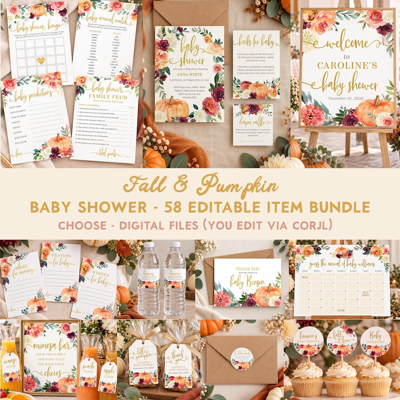 May include: A collection of baby shower stationery featuring floral and pumpkin graphics with gold text. Items include invitations, game cards, signs, labels, and tags. The text includes phrases like Welcome to Caroline's Baby Shower and Fall & Pumpkin.