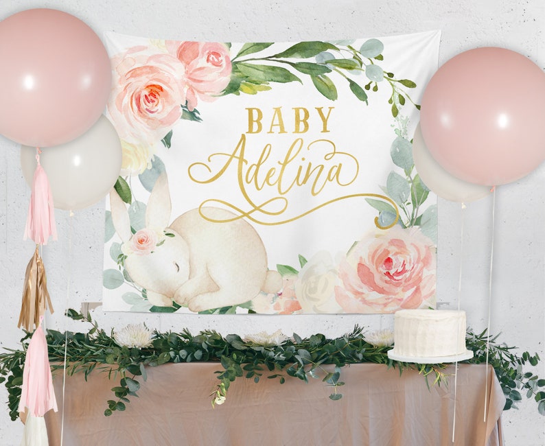 Bunny Baby Shower Cake Table Backdrop, Some Bunny is on the Way, A Little Bunny, Baby Shower Backdrop, Dessert Table Backdrop, Girl - Reese image 1