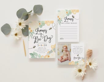 Bee 1st Birthday Invitations, First Bee-Day Party Printed Invites and Envelopes - Honeybee | Invitation Printing or Digital