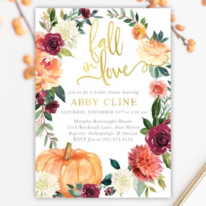 Fall In Love Bridal Shower Invitation Editable Template, Burgundy, Blush, Orange, Pink Fall Florals, Pumpkin Invite - Fall 7 - Fall7BR01b