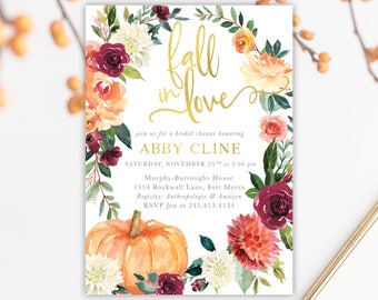 Fall In Love Bridal Shower Invitation, Burgundy, Blush, Orange, Pink Fall Florals, Greenery Pumpkin Invite - Printed Printable - Fall 7