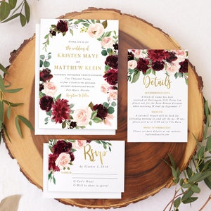 May include: Wedding invitation suite featuring a burgundy and blush floral design. The invitation includes the names "Kristen Maye" and "Matthew Klein" with the date "September Twenty Seventh". The RSVP card includes the text "RSVP by October 1, 2019". The details card includes the text "Details" and "Accommodations".