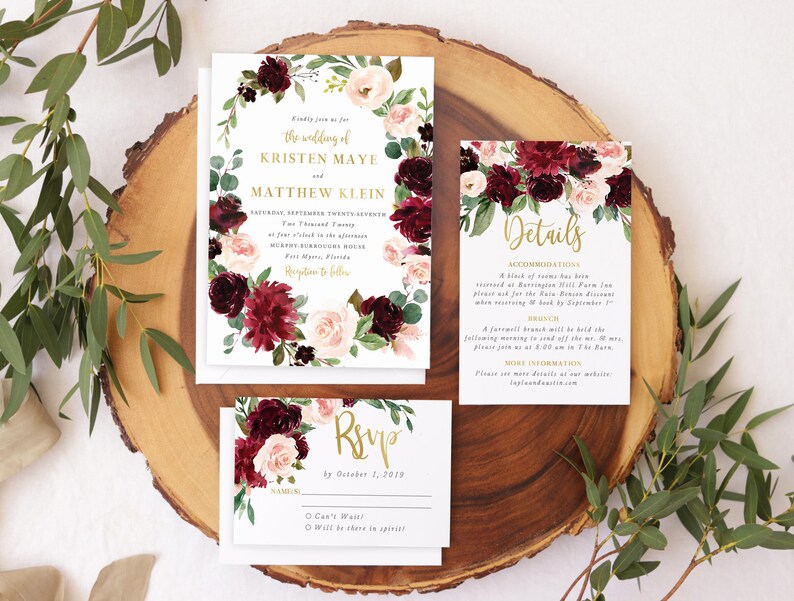 May include: Wedding invitation suite featuring a burgundy and blush floral design. The invitation includes the names "Kristen Maye" and "Matthew Klein" with the date "September Twenty Seventh". The RSVP card includes the text "RSVP by October 1, 2019". The details card includes the text "Details" and "Accommodations".