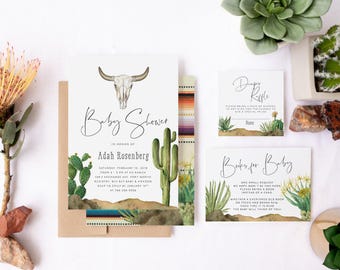 Southwestern Cactus Baby Shower Invitation Package, Gender Neutral Baby Shower Invitation Set, Bull Skull, Boho Baby Shower Invite - Adah
