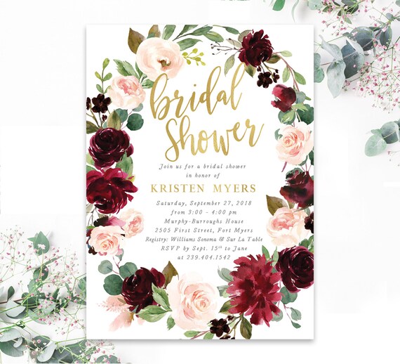 Floral Bridal Shower Invitation, Burgundy Bridal Shower Invitation, Burgundy & Blush Bridal Shower Invite - Printed Printable - Kristen Il_570xn