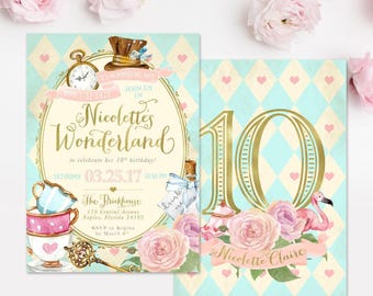 PRINTED Alice In Wonderland Girl's Birthday Party Invitation, Alice in Wonderland Party Invites and Enelopes - Made for any age