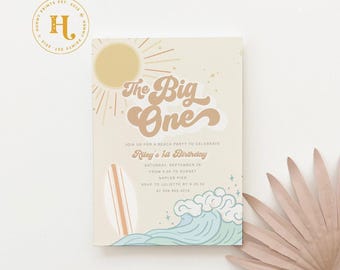 May include: A rectangular birthday invitation card featuring a yellow sun, a surfboard, and a blue ocean wave. The text reads The Big One, Join us for a beach party to celebrate Riley's 1st Birthday, Saturday, September 28, from 5:30 to sunset.