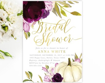 Fall Bridal Shower Invitations: Purple Pumpkin Bridal Printed Invites with Envelopes- Fall 6 | Invitation Printing or Digital