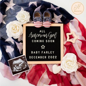 All American Girl 4th of July Pregnancy Announcement Digital for Social Media, Editable Pregnancy Announcement Digital, Girl Baby Template