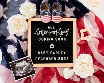 All American Girl 4th of July Pregnancy Announcement Digital for Social Media, Editable Pregnancy Announcement Digital, Girl Baby Template