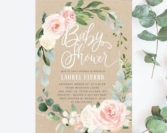Baby Shower Invitation Girl, Floral Baby Shower Invitation, Girl Baby Shower Invitation, Blush Pink & White, Greenery, Boho Baby - Laurel