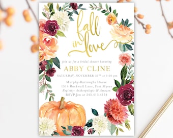 Custom Fall In Love Bridal Shower Invitation Burgundy, Blush, Orange, Pink Fall Florals, Pumpkin Invite - Fall 7 - Fall7BR01b
