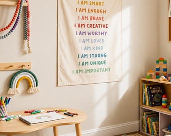 Daily Affirmations Easy Hang Banner™ for Kid's Rooms, Playrooms & Nursery. Kid's Room Wall Decor, Nursery Art, Gift for New Parent {Rainbow}