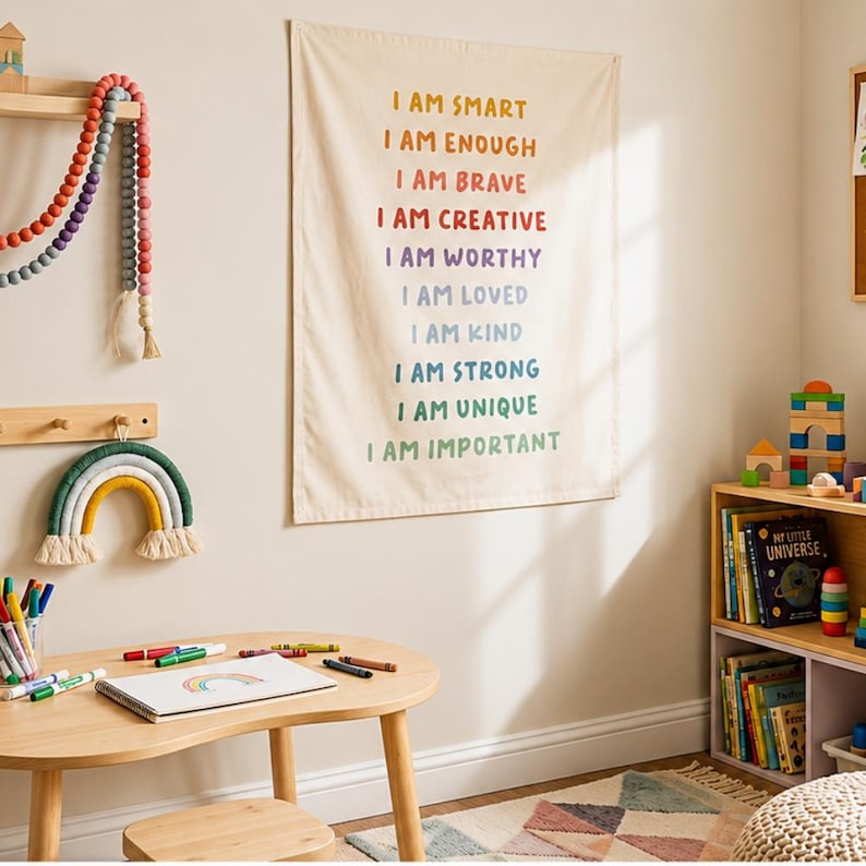 Daily Affirmations Easy Hang Banner™ for Kid's Rooms, Playrooms & Nursery. Kid's Room Wall Decor, Nursery Art, Gift for New Parent {Rainbow} image 1