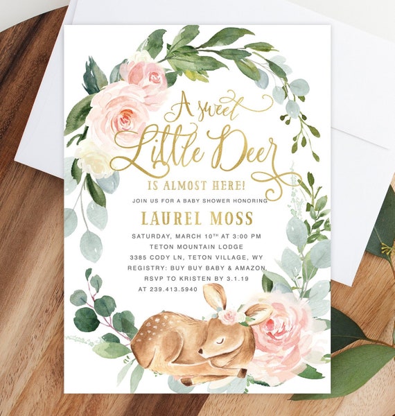 Woodland Baby Shower Invitation Girl, Deer Baby Shower Invitation, Girl Pink Deer Baby Shower Invite, Fawn Baby Shower - Deer Il_570xn