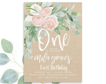 Girl First Birthday Invitation: Eucalyptus & blush pink 1st birthday party Printed Invites | Mila | Invitation Printing or Digital