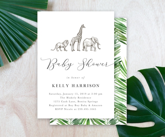Safari Baby Shower Invitation, Gender Neutral Baby Shower Invite, Modern Safari Invitation, Elephant, Lion & Giraffe Invitation - Harrison Il_570xn