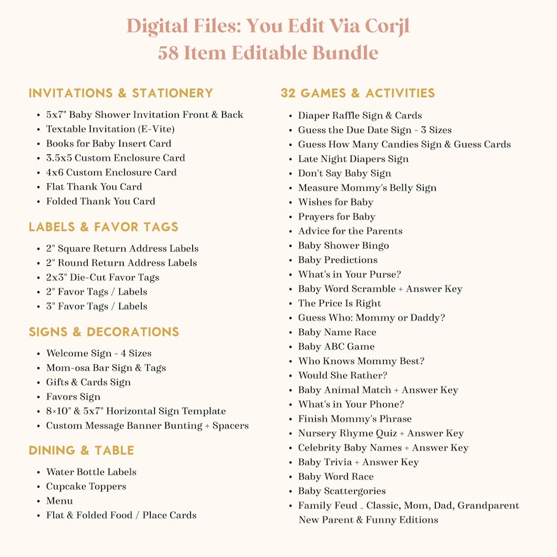 May include: A digital file bundle for baby shower stationery and games, editable via Corjl. The list includes 58 items categorized into invitations, labels, signs, dining, and 32 games like Baby Bingo, trivia, and word scrambles with answer keys.