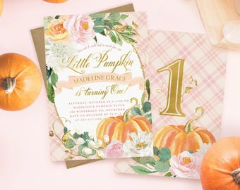 Pumpkin Birthday Invitation, Pumpkin first birthday invitation, Fall 1st Birthday Invite, Little Pumpkin is One, Printed Optional - Fall 16