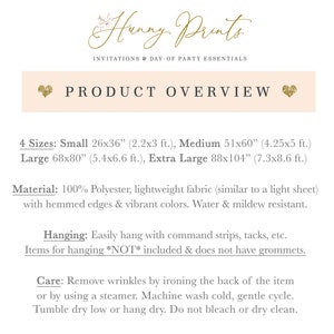May include: Product overview for a polyester backdrop with four size options: Small (26x36 inches), Medium (51x60 inches), Large (68x80 inches), and Extra Large (88x104 inches). The backdrop is lightweight, water and mildew resistant, and has hemmed edges. It can be hung with command strips, tacks, or other hanging methods. The hanging items are not included.