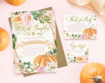Pumpkin Baby Shower Invitations, Fall Baby Shower Invitations Girl, Little Pumpkin is on The Way - Printed Invitations Optional - Fall 16