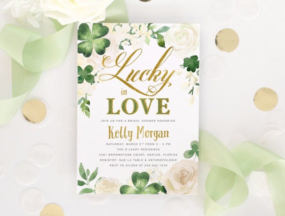 Lucky in Love Bridal Shower Invitation: St. Patty's Day Bridal Invite, Saint Patrick's Day, Shamrock, Four Leaf Clover, Irish Ireland, Kelly Il_570xn