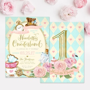 Alice In Wonderland (onederland) Girl's 1st Birthday Party Invitation - First Birthday, Any Age Girl Birthday Invite, Mad Tea Party Invite